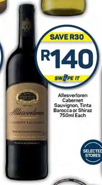 Pick n Pay Allesverloren Cabernet Sauvignon, Tinta Barocca or Shiraz 750ml Each offer