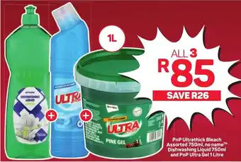 Pick n Pay Hypermarket PnP Ultrathick Bleach Assorted 750ml, no name™ Dishwashing Liquid 750ml and PnP Ultra Gel 1 Litre offer