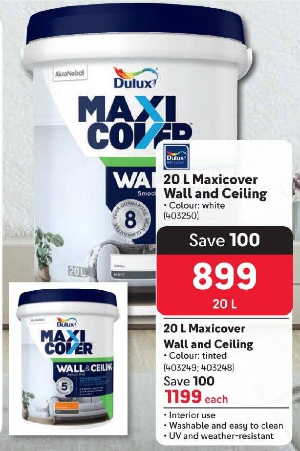 Dulux 20 L Maxicover Wall and Ceiling offer at Makro