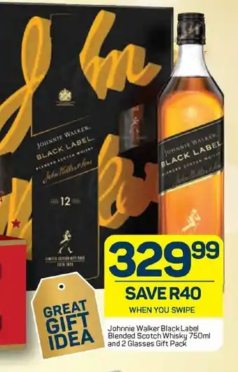Pick n Pay Liquor Johnnie Walker Black Label Blended Scotch Whisky 750ml and 2 Glasses Gift Pack offer