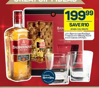 Pick n Pay Liquor John Bannermans Red Seal Finest Scotch Whisky 750ml and 2 Glasses Gift Pack offer