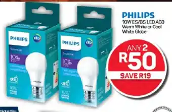 Pick n Pay Hypermarket PHILIPS 10W ES/BS LED AGO Warm White or Cool White Globe offer