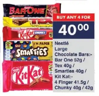 President Hyper Nestlé Large Chocolate Bars Bar One 52g/ Tex 40g/ Smarties 40g/ Kit Kat 4 Finger 41.5g / Chunky 40g / 42g offer