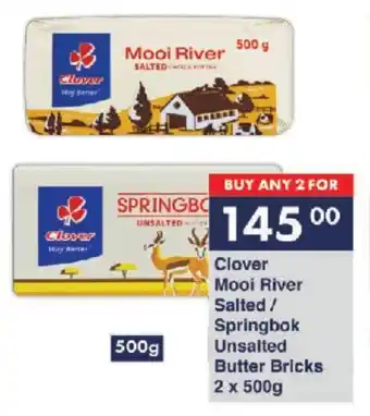 President Hyper Clover Mooi River Salted/ Springbok Unsalted Butter Bricks 2 x 500g offer