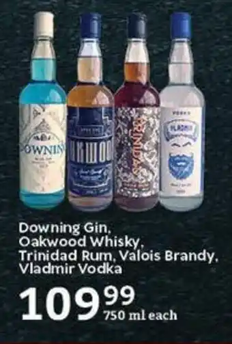 Oxford Freshmarket Downing Gin, Oakwood Whisky, Trinidad Rum, Valois Brandy, Vladmir Vodka offer