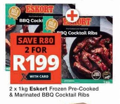 2 x 1kg Eskort Frozen Pre-Cooked & Marinated BBQ Cocktail Ribs offer at ...