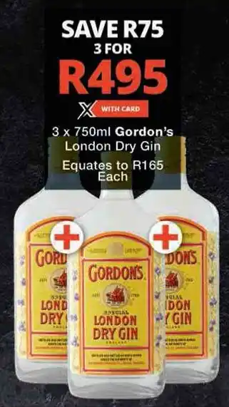Checkers Hyper 3 x 750ml Gordon's London Dry Gin offer