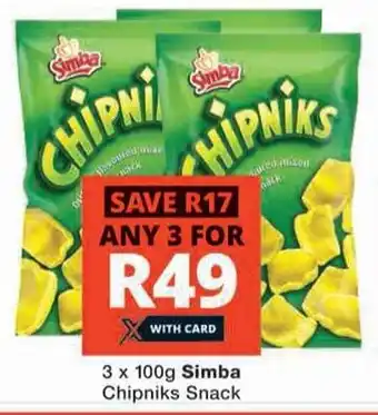 Checkers Hyper 3 x 100g Simba Chipniks Snack offer