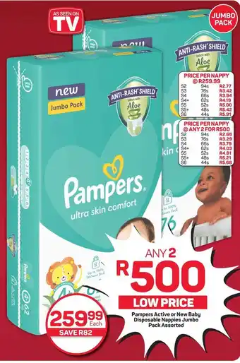 Pick n Pay Hypermarket Pampers Active or New Baby Disposable Nappies Jumbo Pack Assorted offer