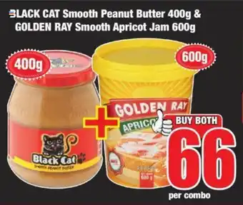Boxer BLACK CAT Smooth Peanut Butter 400g & GOLDEN RAY Smooth Apricot Jam 600g offer