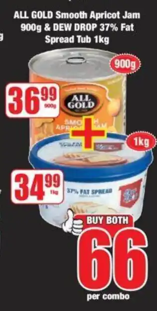 ALL GOLD Smooth Apricot Jam 900g & DEW DROP 37% Fat Spread Tub 1kg