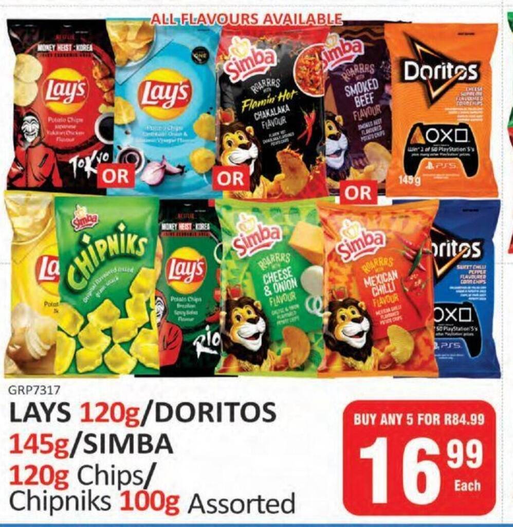 LAYS 120g/ DORITOS 145g/ SIMBA 120g Chips/ Chipniks 100g Assorted offer ...