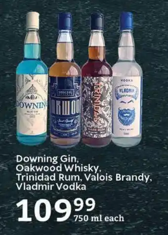 Oxford Freshmarket Downing Gin, Oakwood Whisky, Trinidad Rum, Valois Brandy, Vladmir Vodka offer