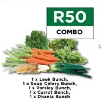 1 x Leek Bunch, 1 x Soup Celery Bunch, 1x Parsley Bunch, 1 x Carrot Bunch, 1 x Dhania Bunch