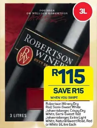 Pick n Pay Liquor Robertson Winery Dry Red, Semi-Sweet White/Red Johannisberger, Crispy Dry White, Extra Light White, Natural Sweet Rosé 3L offer