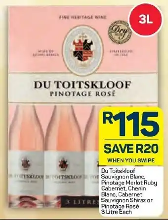 Pick n Pay Liquor Du Toitskloof Sauvignon Blanc, Pinotage Merlot ruby Cabernet, Chenin Blanc, Sauvignon Shiraz or Pinotage Rosé 3L offer