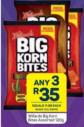 Pick n Pay Willards Big Korn Bites Assorted 120g offer
