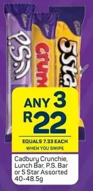 Pick n Pay Cadbury Crunchie, Lunch Bar, P.S. Bar or 5 Star Assorted 40-48.5g offer