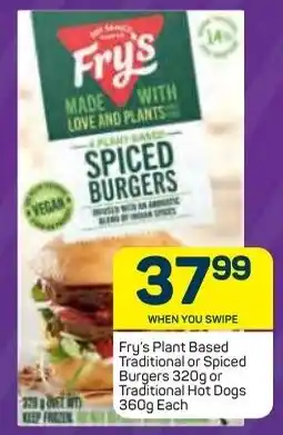Pick n Pay Fry's Plant Based Traditional or Spiced Burgers 320g or Traditional Hotdogs 360g offer