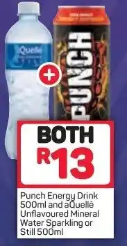 Pick n Pay Punch Energy Drink 500ml and aQuellé Unflavoured Mineral Water Sparkling or Still 500ml offer