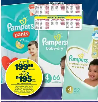 Pick n Pay Pampers New Baby, Active Baby-Dry Jumbo Pack or Premium Care Disposable Nappies or Pants Jumbo Pack Assorted Per Pack offer