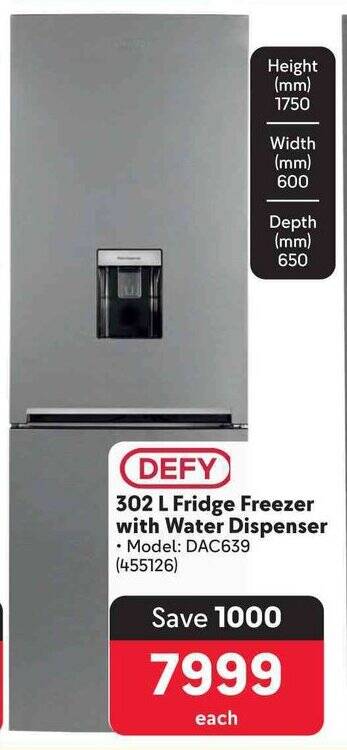 DEFY 302 L Fridge Freezer with Water Dispenser offer at Makro