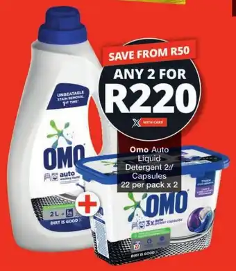 Checkers Omo Auto Liquid Detergent 2L/ Capsules 22 per pack x 2 offer