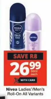 Checkers Nivea Ladies'/Men's Roll-On All Variants offer