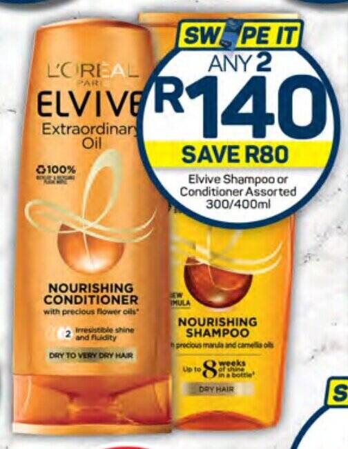Elvive Shampoo or Conditioner Assorted 300/400ml offer at Pick n Pay