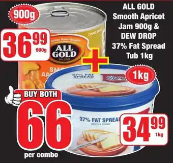 Boxer Superstores ALL GOLD Smooth Apricot Jam 900g & DEW DROP 37% Fat Spread Tub 1kg offer