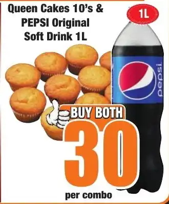 Boxer Superstores Queen Cakes 10's & PEPSI Original Soft Drink 1L offer