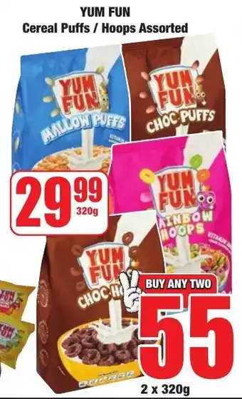 Boxer Superstores YUM FUN Cereal Puffs/ Hoops Assorted offer