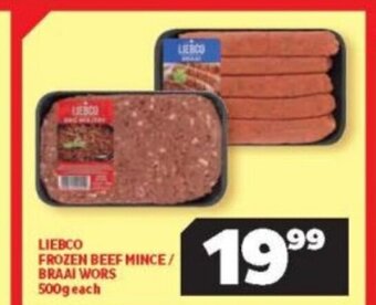 Usave Liebco Frozen Beef Mince / Braai Wors 500g each offer