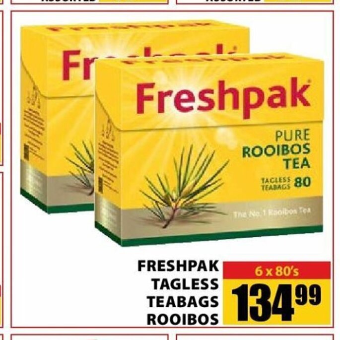 Freshpak Tagless Teabags Rooibos 6 x 80's offer at Jumbo