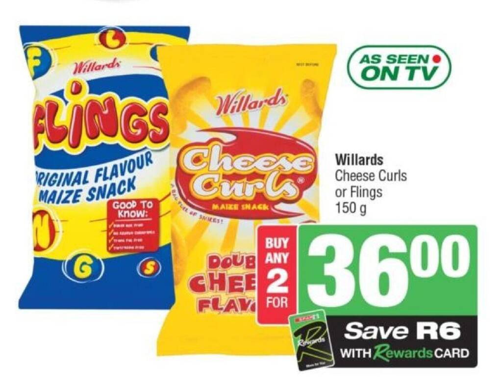 Willards Cheese Curls or Flings 150g offer at Spar