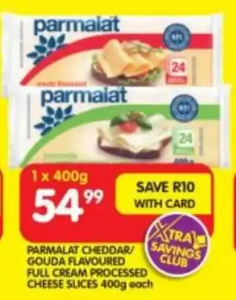 Shoprite PARMALAT CHEDDAR/ GOUDA FLAVOURED FULL CREAM PROCESSED CHEESE SLICES 400g each offer