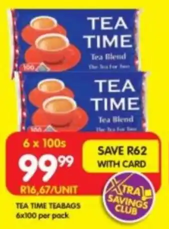 Shoprite TEA TIME TEABAGS 6x100 per pack offer