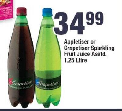 Appletiser or Grapetiser Sparkling Fruit Juice Asstd. 1,25 Litre offer ...