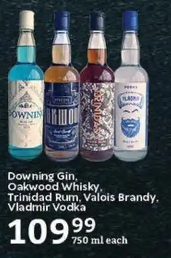 Oxford Freshmarket Downing Gin, Oakwood Whisky, Trinidad Rum, Valois Brandy, Vladmir Vodka offer
