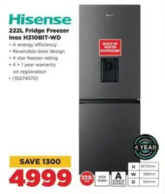 HiFi Corp Hisense 222L Fridge Freezer Inox H310BIT-WD offer