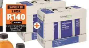 Checkers Crystal Valley Long Life Full Cream Milk 2 x 6x1L offer