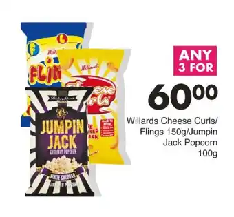 Save Willards Cheese Curls/ Flings 150g/Jumpin Jack Popcorn 100g offer