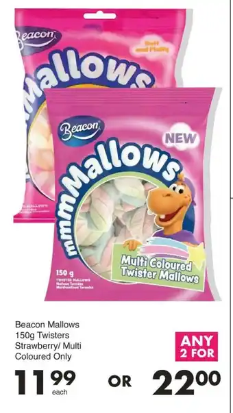 Save Beacon Mallows 150g Twisters Strawberry/ Multi Coloured Only offer