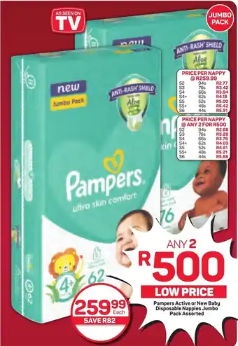 Pick n Pay Hypermarket Pampers Active or New Baby Disposable Nappies Jumbo Pack Assorted offer