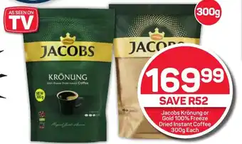 Pick n Pay Hypermarket Jacobs Krönung or Gold 100% Freeze Dried Instant Coffee 300g Each offer