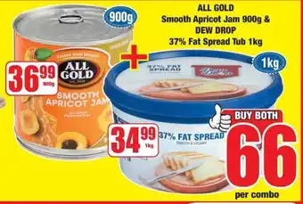 Boxer ALL GOLD Smooth Apricot Jam 900g & DEW DROP 37% Fat Spread Tub 1kg offer