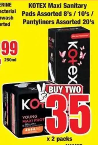 Boxer KOTEX Maxi Sanitary Pads Assorted 8's/ 10's/ Pantyliners Assorted 20's offer