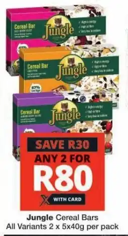 Checkers Jungle Cereal Bars All Variants 2 x 5x40g per pack offer
