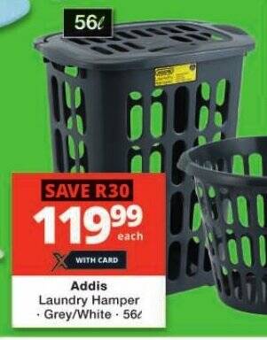 Addis Laundry Hamper Grey/White 56L offer at Checkers