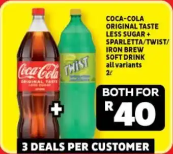 Usave COCA-COLA ORIGINAL TASTE LESS SUGAR + SPARLETTA/TWIST/ IRON BREW SOFT DRINK all variants 2L offer